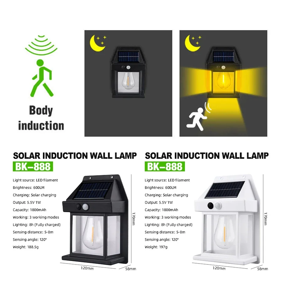 LED Solar Light Waterproof Outdoor Courtyard Lighting Wall Lamp Human Body Induction Tungsten Filament Lamp Lighting Street Lamp