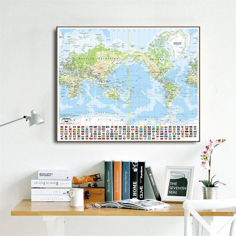 90*90cm The World Orographic Map with National Flags Non-woven Canvas Painting Wall Poster Home Decoration School Supplies