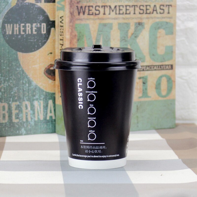 50pcs Thicken 400ml 500ml disposable tea cup black drink coffee paper cup takeaway packaging cups with lid: cup and lid2 / 500ml 50pcs