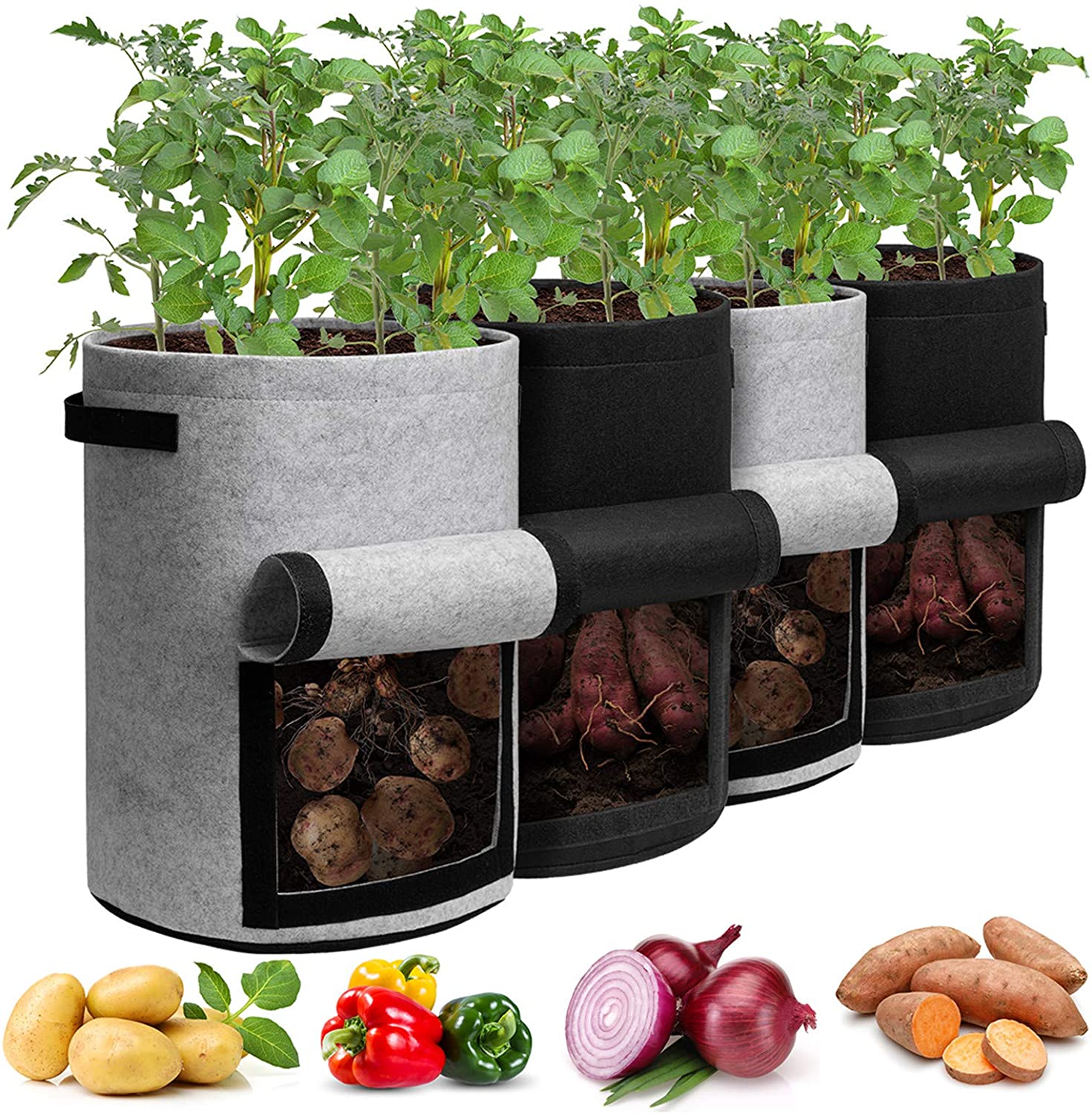 Potato Grow Bags with Flap 10 Gallon, 4 Pack Planter Pot with Handles and Harvest Window for Potato Tomato and Vegetables