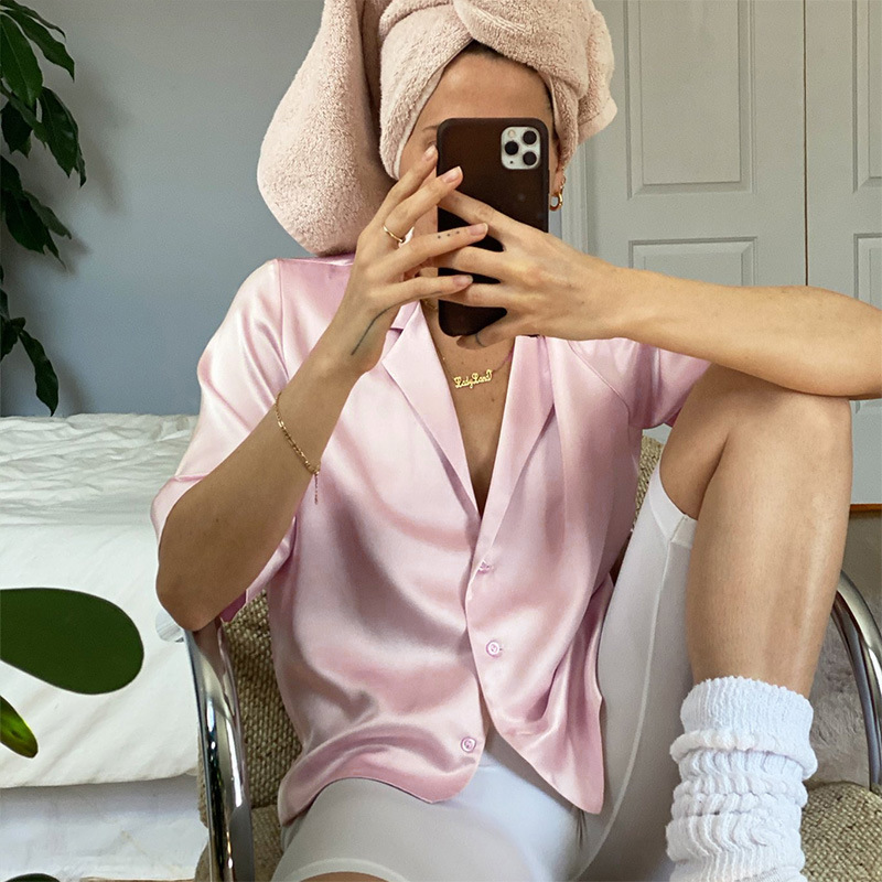 Nclagen sateng kontor dameknapp bluse kortermet hakk krage silke myke bluser dame sommer fritidsskjorte