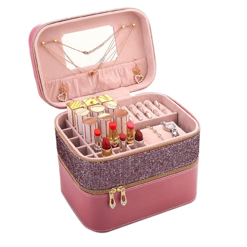 Smykker arrangør smykkeskrin høj kapacitet smykker kiste makeup opbevaring makeup arrangør læder skønhed rejse box-abux