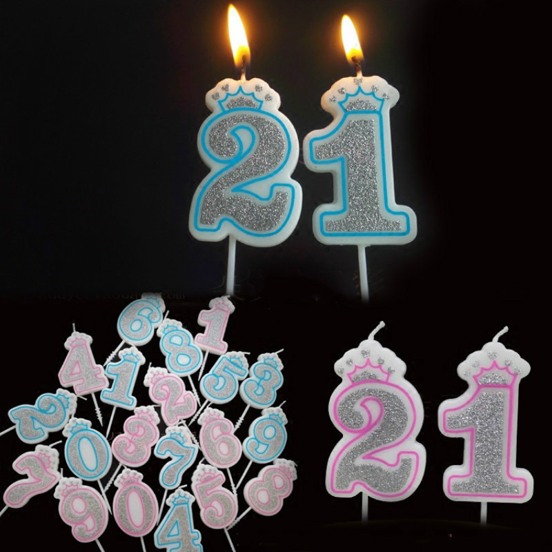 Bougie couleur argent chiffres brillant 0 à 9 ans pour gâteau joyeux anniversaire, couronne en forme de couronne pour mariage et fête pour enfants et adultes