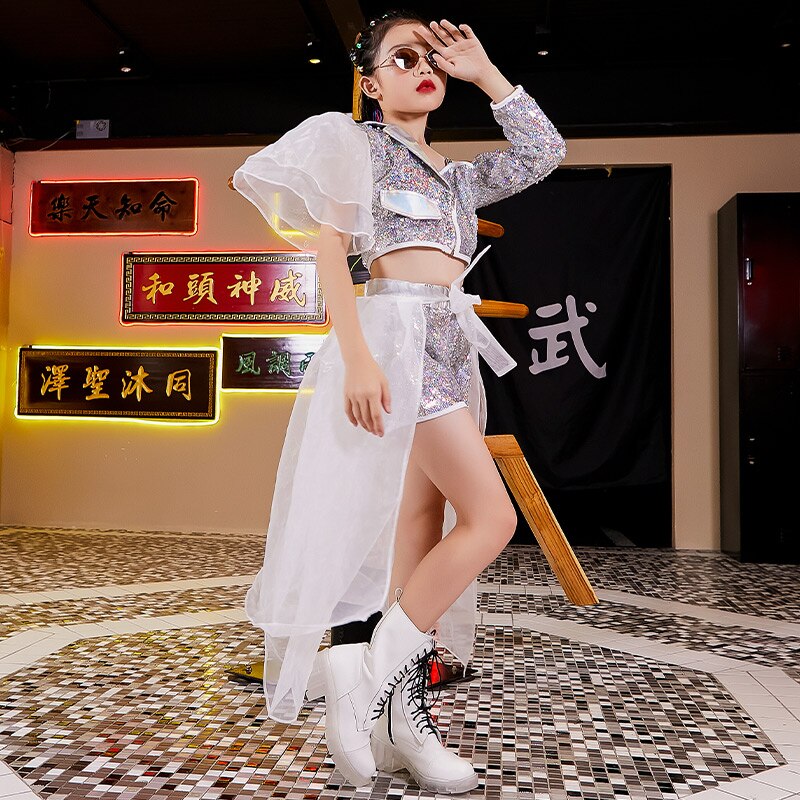 Glimmende pailletten podiumkostuums voor kinderen hiphop performance kleding meisjes jazz dans set paarse band outfit dnv 14051: Zilver 3 stuks / 130cm