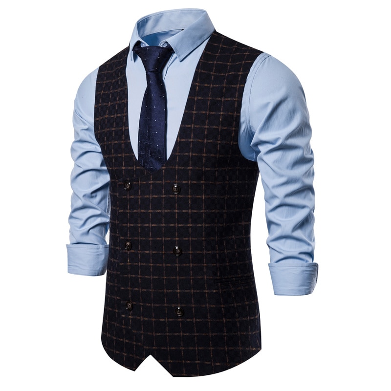 Ærmeløs jakkesæt til mænd vest i britisk stil dobbeltradet ternet vest slim fit ærmeløs jakke formel business vest