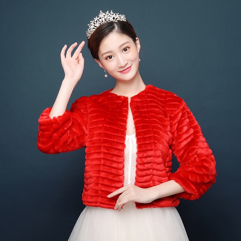 Trouwjurk Accessoires Faux Fur Bruiloft Jas Wrap Bolero Bolero Rood Roze Herfst Winter Jas Dikke Warme Bont Bruiloft Jassen
