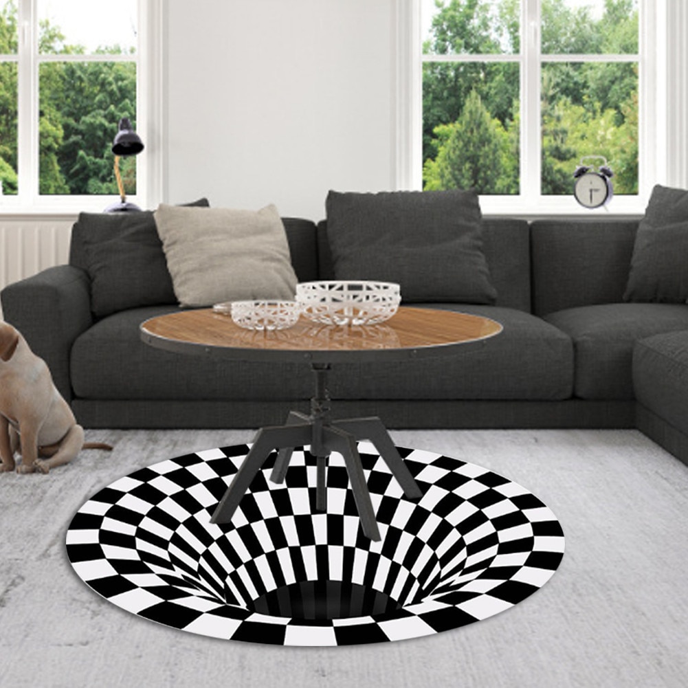 Runde hjemmetæpper tæpper sort hvid gittertæppe 3d illusion vortex værelse soveværelse skridsikre gulvmåtter hjem tæpper