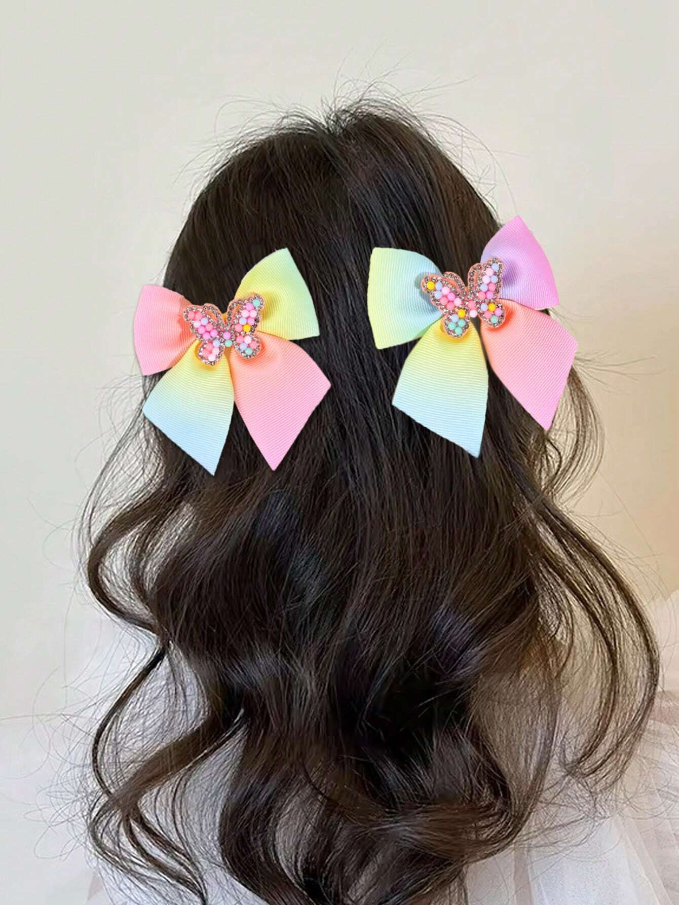 Lazo de pelo de arcoíris para niña, 2 piezas, cinta de grogrén degradado, pinzas para el pelo con cuentas de diamantes de imitación, mariposa, accesorios para el cabello