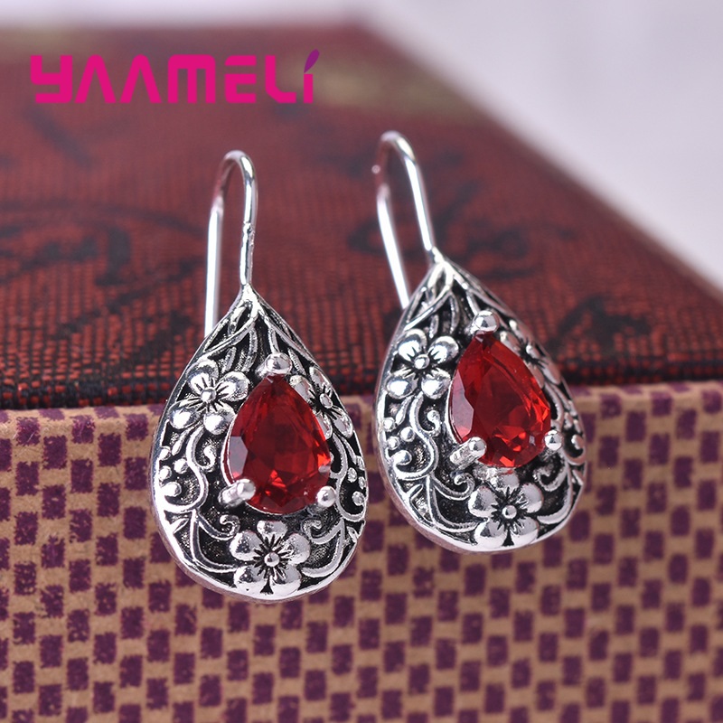 Pendientes de gota de agua de estilo Retro para mujer, Plata de Ley 925 antigua, circonita roja, tallado de flores