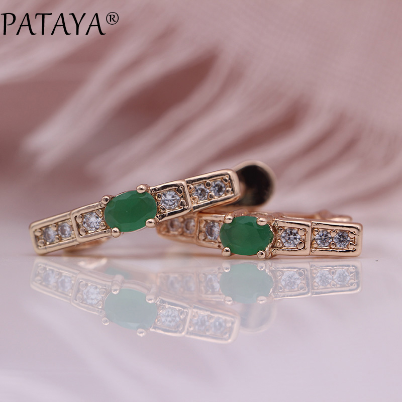 PATAYA Oval Green Earrings Women Wedding Cute Fine Jewelry 585 Rose Gold Multicolor Natural Zircon Dangle Earrings: green