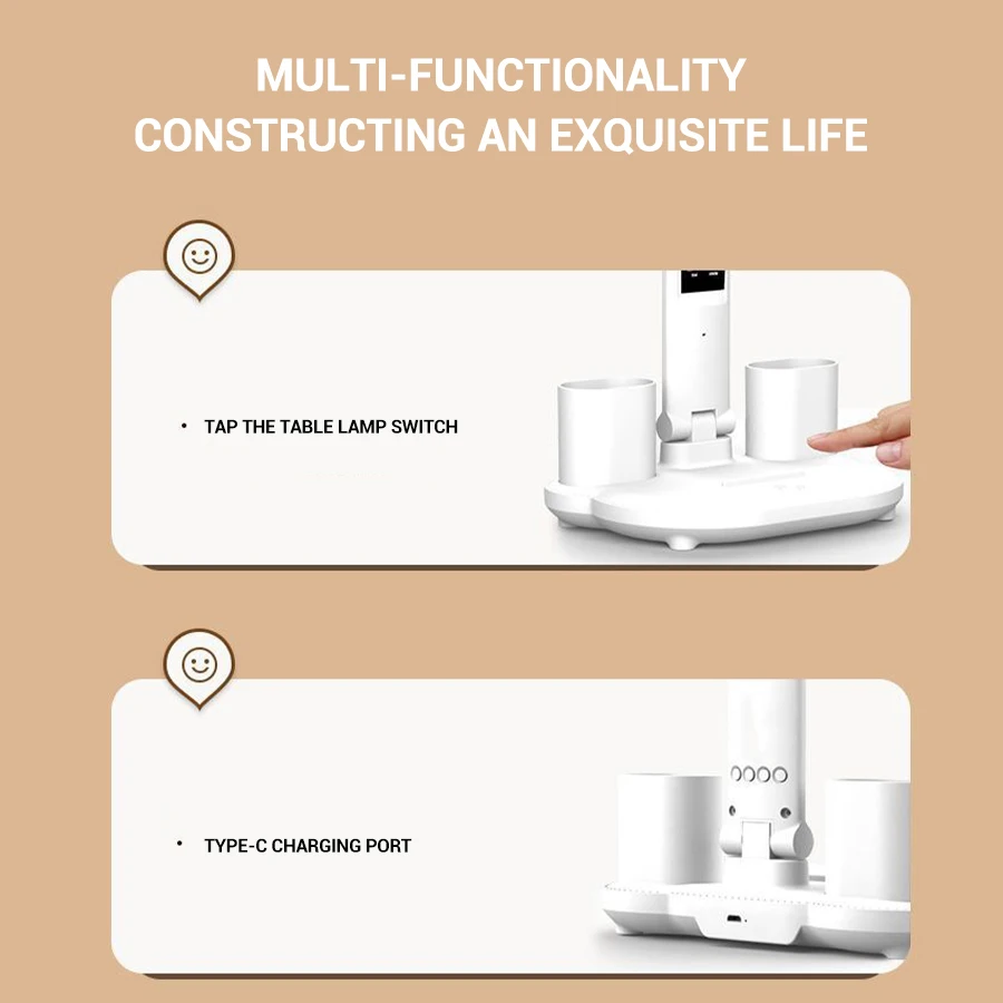Lampada da tavolo a portato Lampada da scrivania dimmerabile ricaricabile USB a doppia testa con orologio calendario Protezione per gli occhi pieghevole Luce notturna da lettura