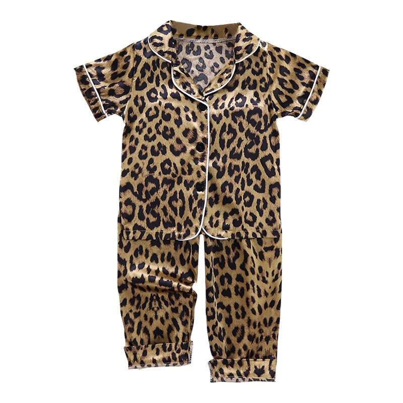 JW-Summer Baby Kids Girls Boys Leopard Print Printing Short Sleeve Pajamas Tops+Sleep Pants