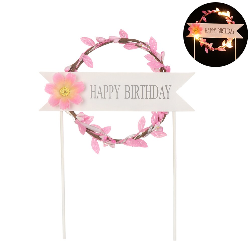 LED Cake Topper Glowing Artificial Garland Cake Topper For Happy Birthday Party Cake Decoration Flower Daisy Year: pink / NO LED