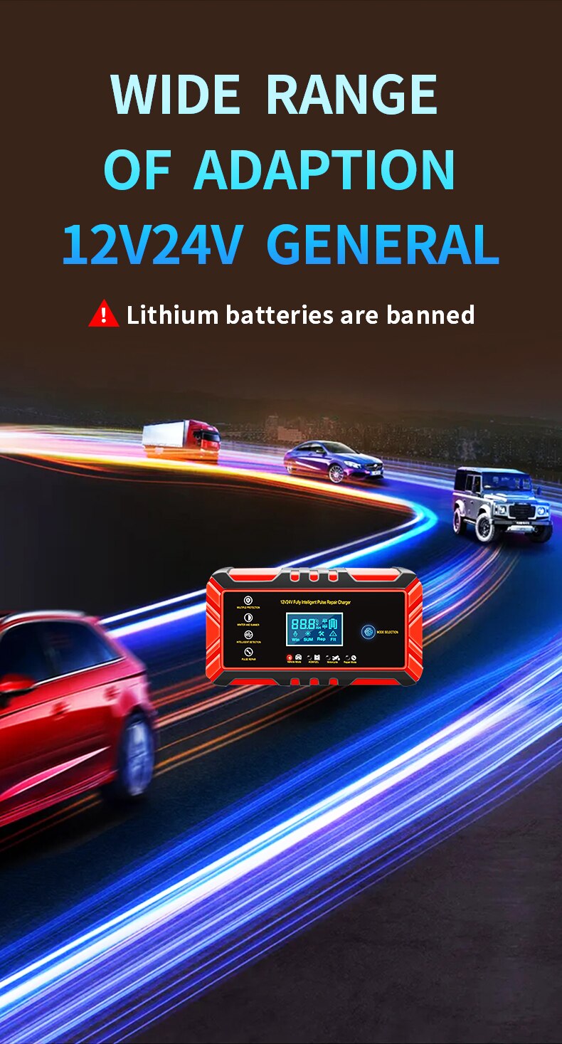 Spain In Stock Auto Fast Charging Tool Kit AC 110V-240V AGM GEL WET Lead Acid Repair Intelligent Car Battery Charger 12V 24V