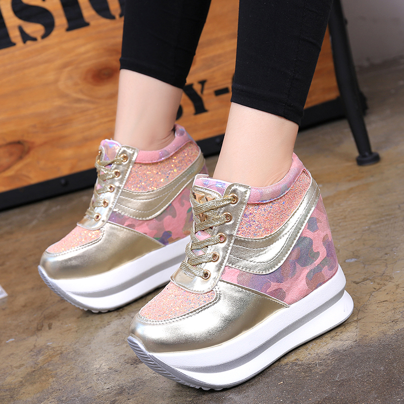 Woman Spring Wedge Boots PU Leather Harajuku Shoes Colorful Bling Winter Ankle Boots High-Heeled Platform Sneakers AC-04