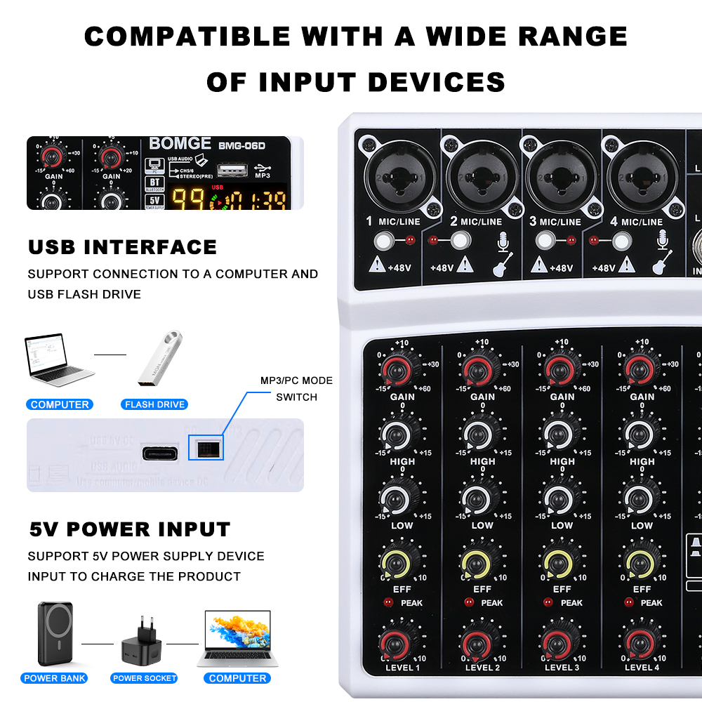 BOMGE Mezclador de audio de 6 canales Consola mezcladora portátil Interfaz USB Tarjeta de sonido con 99 DSP Echo 48V Phantom Power