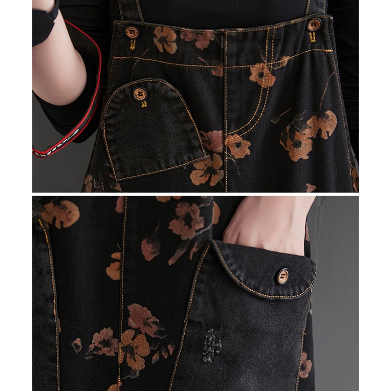 Losse Jeans Zwarte Jumpsuit Vrouwen Casual Oversized Baggy Dames Broek Grote Zakken Print Bloemen Denim Overalls Bandjes Jean Rompertjes