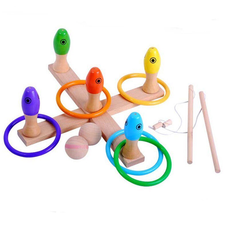 Houten Drie-In-een Multi-Functionele Magnetische Vissen Ring Bowling Combinatie Kinderen Educatief Speelgoed Gooien Ring