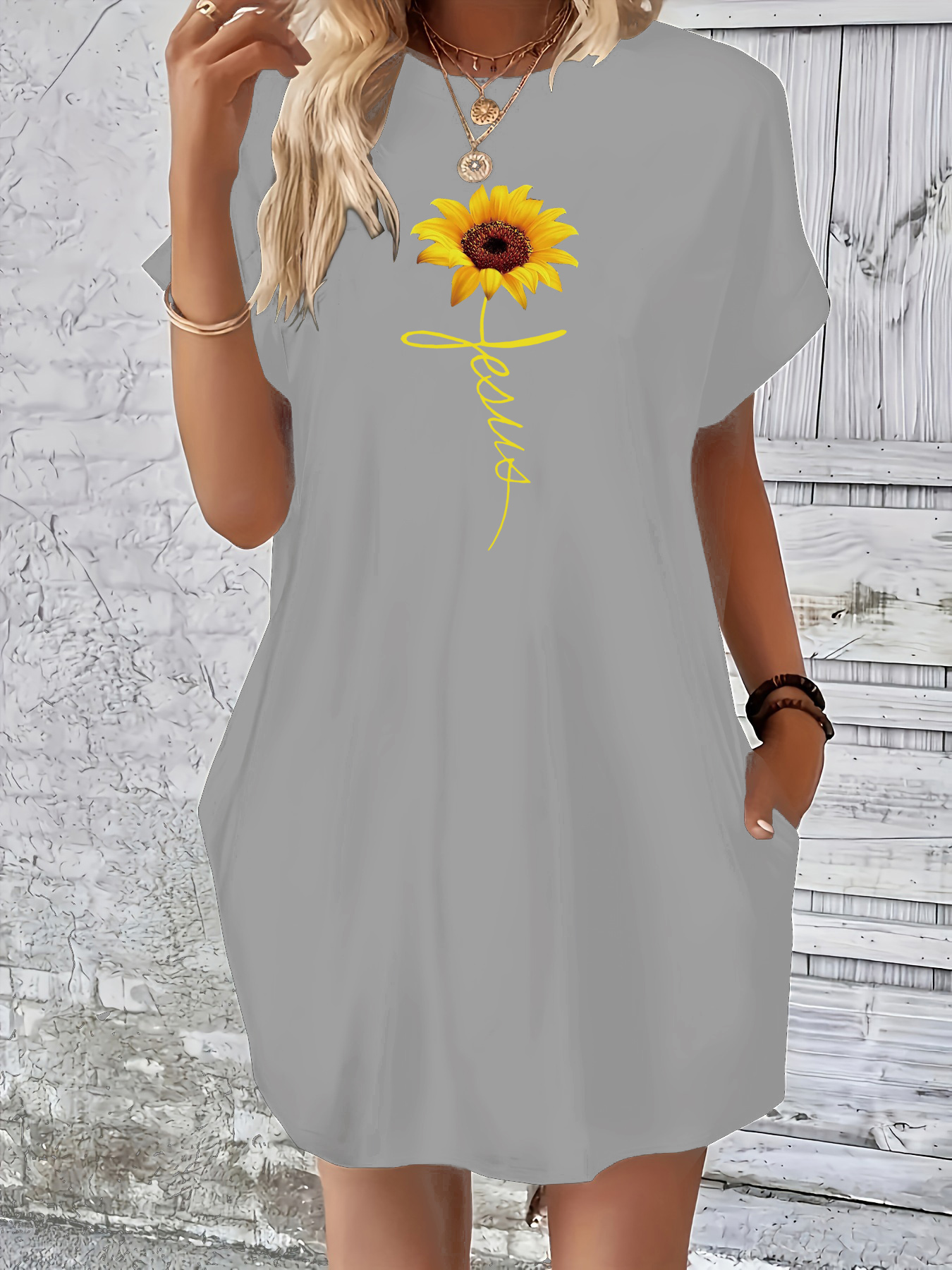 Dames Zomer Losse Cross Zonnebloem Print Ronde Hals Korte Mouw Zak Comfortabele Casual Plus Size Jurk: XL / GRIJS