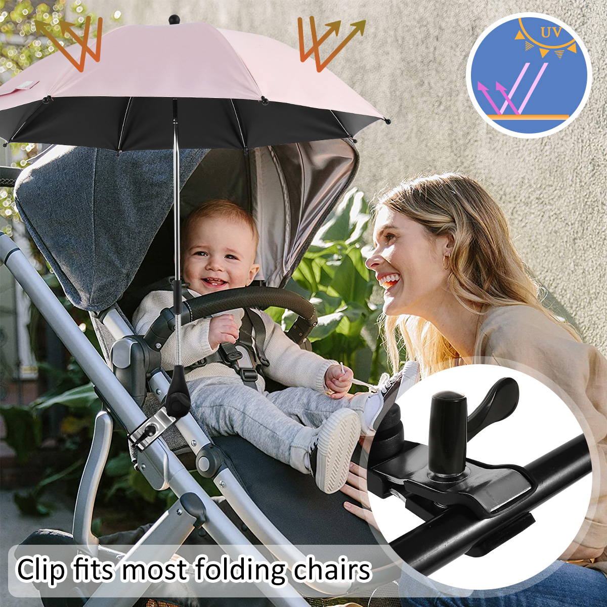 Strandkorb Regenschirm UV-Schutz Kinderwagen Regenschirm 360 ° verstellbarer Stuhl Sonnenschirm mit Klemme Sonne Regenschutz und wind dicht