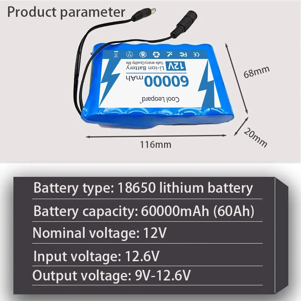 18650 12V Rechargeable Battery Portable 60000mAh 3S2P Lithium Ion Battery Pack For Electronic Types LED Lamp Light Backup Power