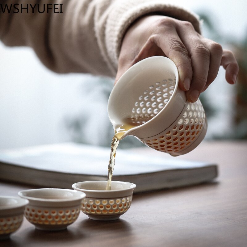 A set of white porcelain Tea set tea set home hollow hollow cellling tea set a whole set of household ceramic tea set