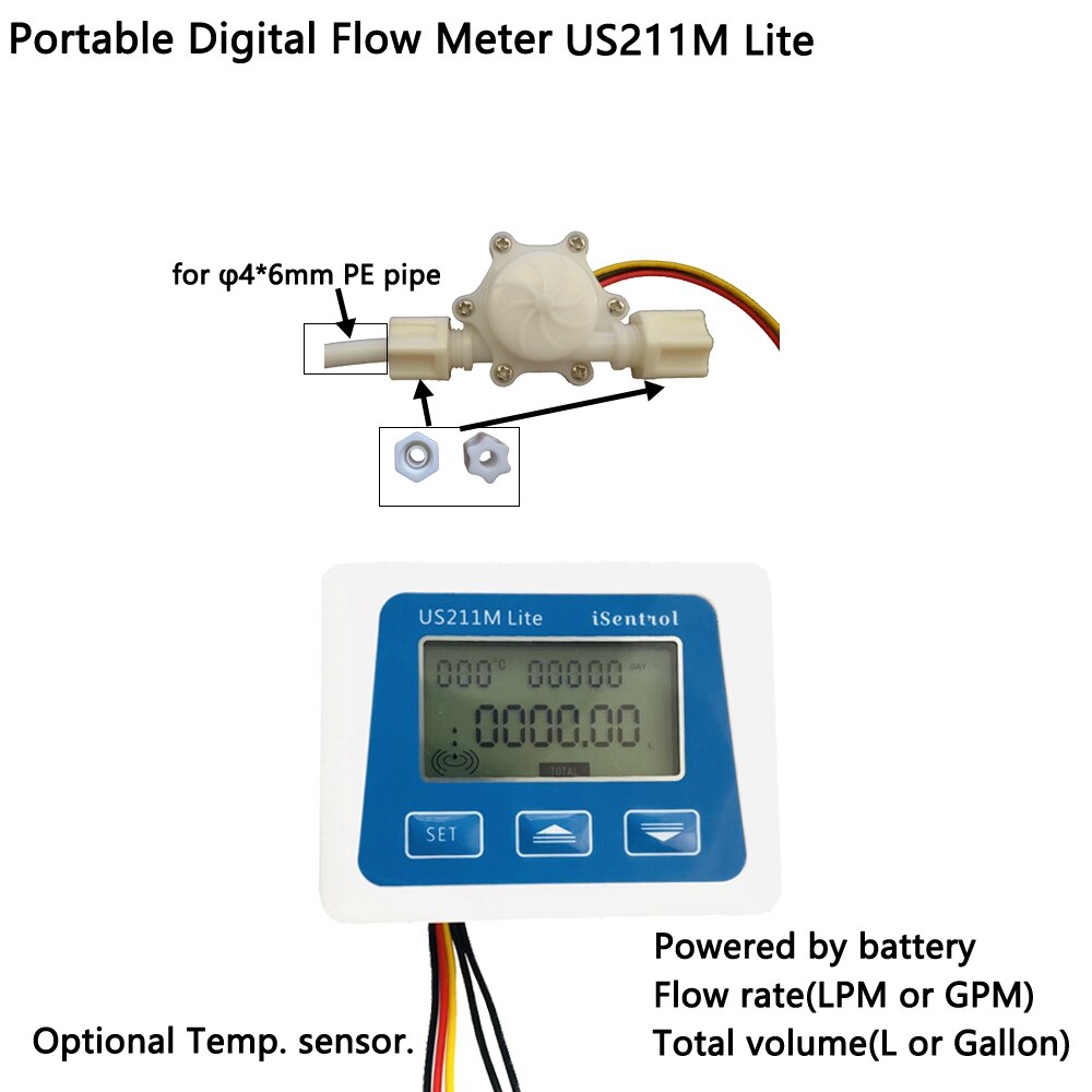 US211M Lite Digital Flowmeter and USN-HS41PE-1 0.15-1.5LPM Hall Effect Flow Sensor Total Volume and Flow Rate Display: Yellow