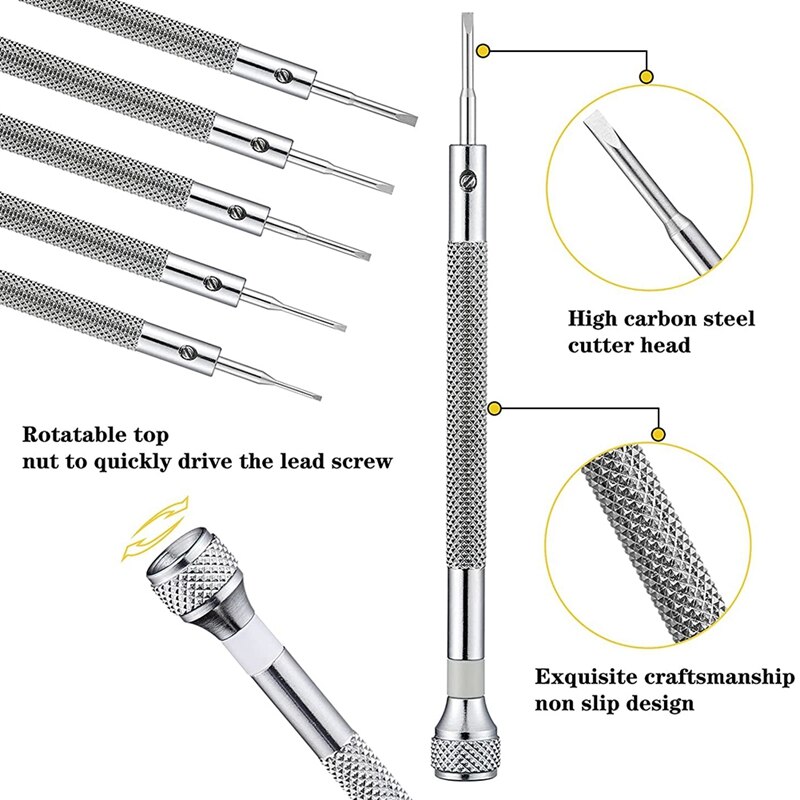 Jeu de tournevis de montre, Micro-précision, bijoux, 0.6-1.6Mm, avec 8 lames de remplacement supplémentaires pour la réparation de montres, 8 pièces