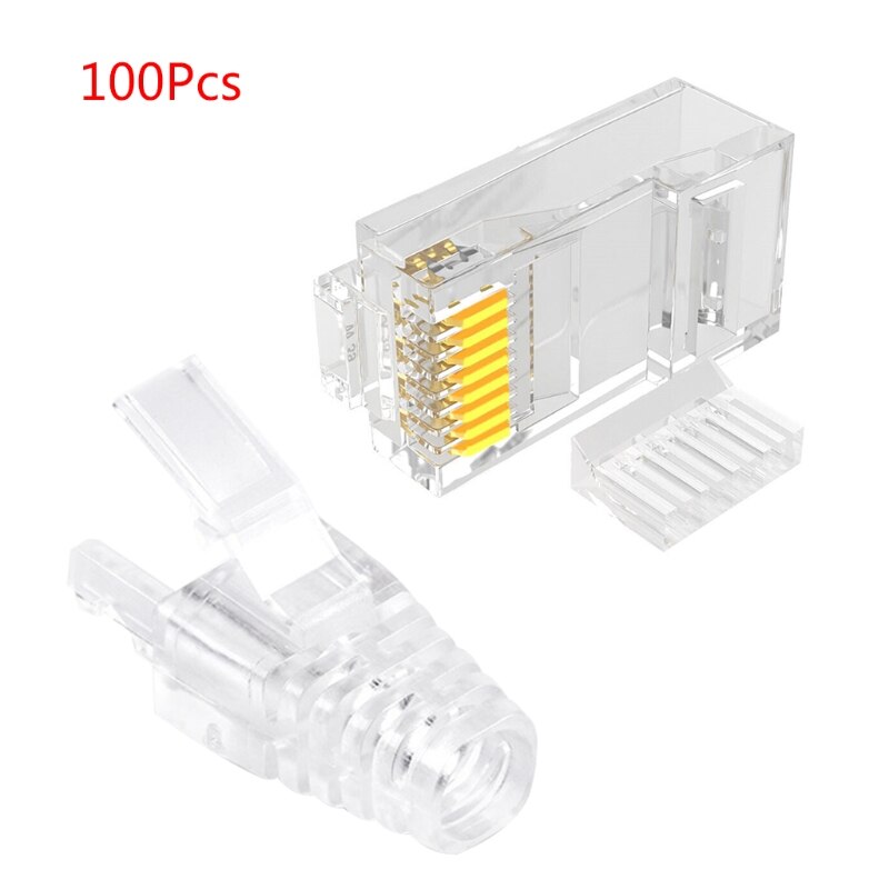 100 stuks/set cat 6 rj45 connector utp kabel ethernet jack transparant web cat 6 modulaire stekkers met 6.5mm rj45 doppen