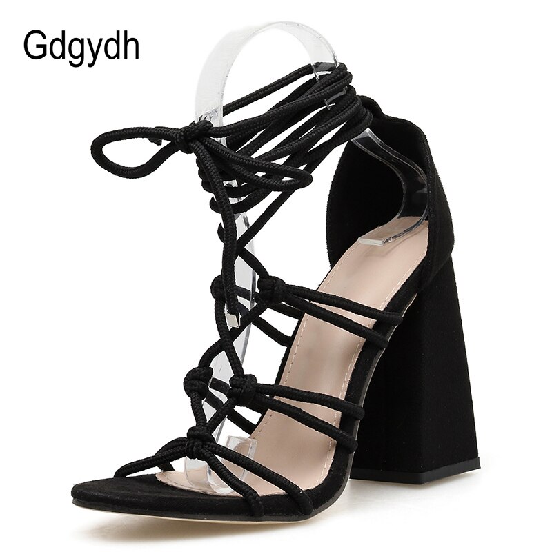 Gdgydh, Sandalias de tacón grueso con cordones, zapatos de gladiador romano para mujer, zapatos de tacón alto, calzado femenino para club nocturno, correa de tobillo negra