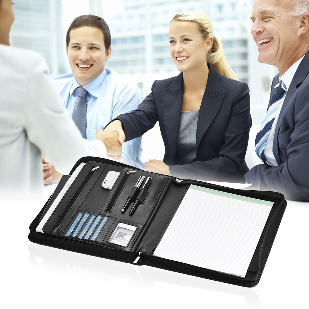 Zippered Multifunctional A4 Portfolio Padfolio File Organizer with Writing Pad Card Pockets for
