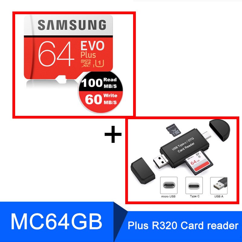 SAMSUNG Micro SD 128gb 64gb tarjeta de memoria de 32gb 256GB Class10 Microsd SDHC/SDXC TF C10 con lector de tarjetas OTG Header tarjeta SD de 512gb: MC64G Plus R320