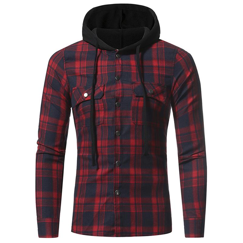 Mens Flanel Plaid Dubbele Zakken Hooded Shirt Casual Leisure Gecontroleerd Patroon Longsleeved Overhemd: Rood / XXXL