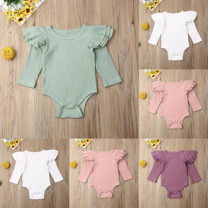 Combinaison en coton pour -né garçon et fille, vêtements chauds et solides, à manches volantées, 4 couleurs, 0-24M