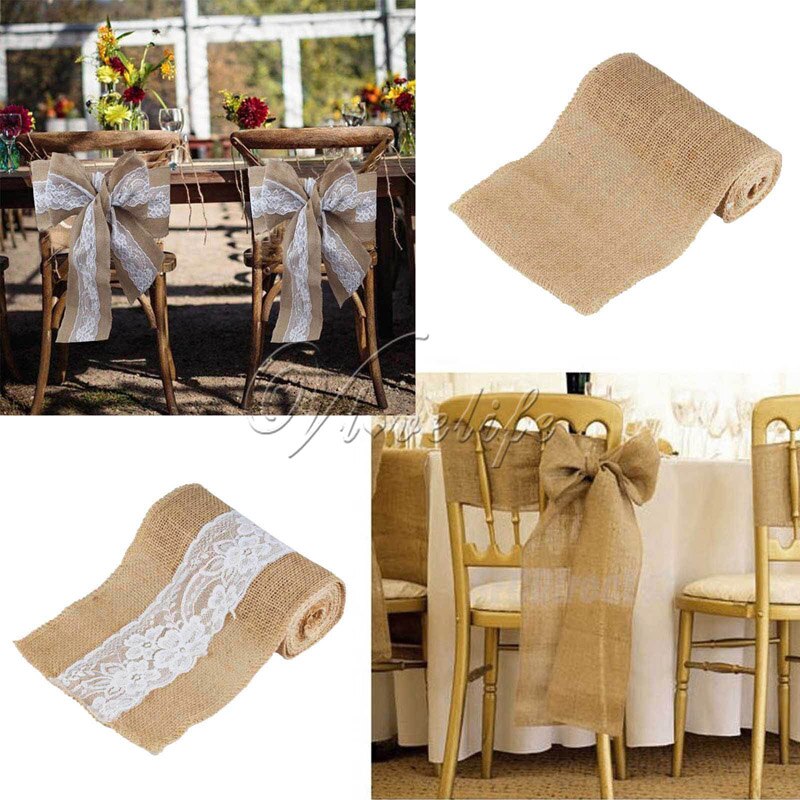 6 ''  x 94 '' handgemaakte jute jute kant stoel strik stoel sjerp feest bruids babyshower rustiek bruiloft decor