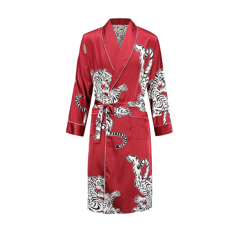 Mænd morgenkjole lange ærmer kimono badekåbe kjole silkeagtig satin drage print pyjamas nattøj nattøj kjole afslappet hjem