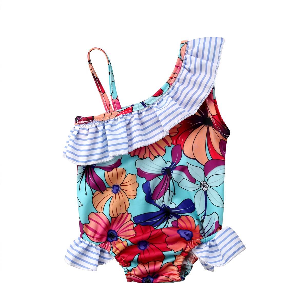Girl’s Ruffles One Piece Suits Swimsuit Cute Flower Pattern One Shoulder Suspender Swimsuit Beach Suit wear