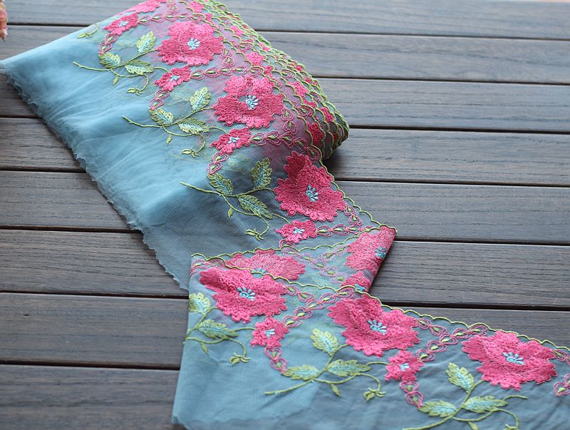 2yards/lot 18cm wide Embroidered Tulle Lace trim mesh lace trim ~ Blue + rose ~beautiful