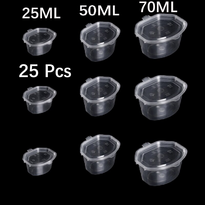 25 stk. bærbare engangsplastiksaucekopper til opbevaring af mad, klare æsker med låg, klar mad, lille sovs, 25ml/50ml/75ml stk.