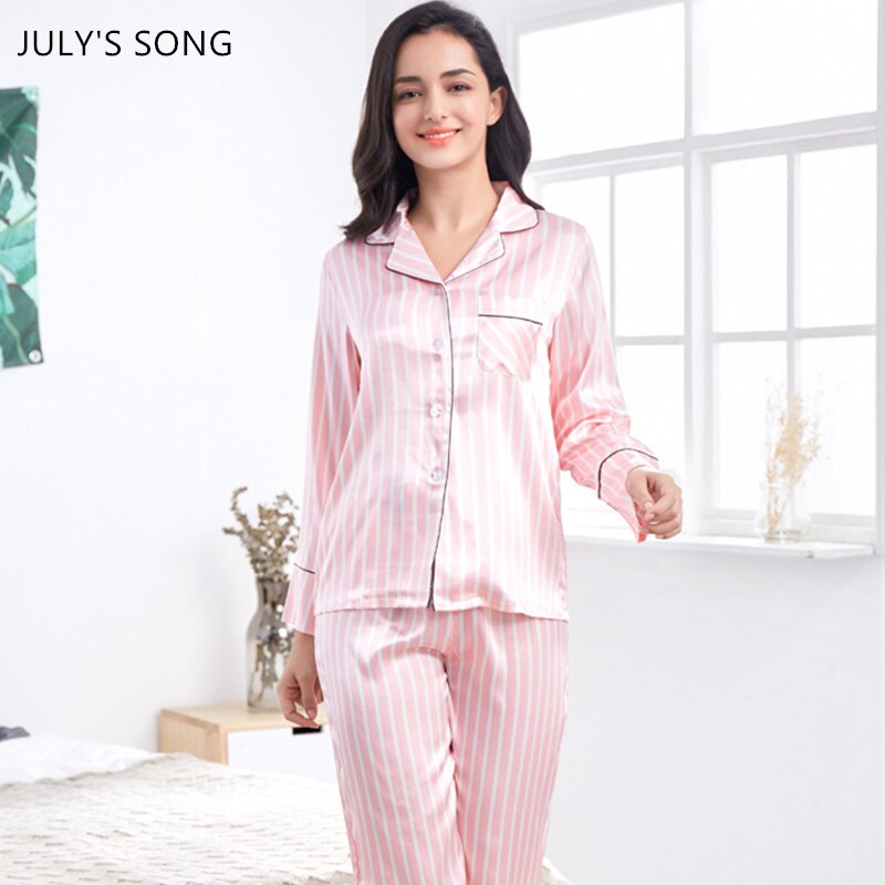 JULY'S SONG Pink Striped Pajamas Set Woman Satin Spring Summer 2 Pieces Sleepwear Long Sleeve Short Sleeve Casual Suit