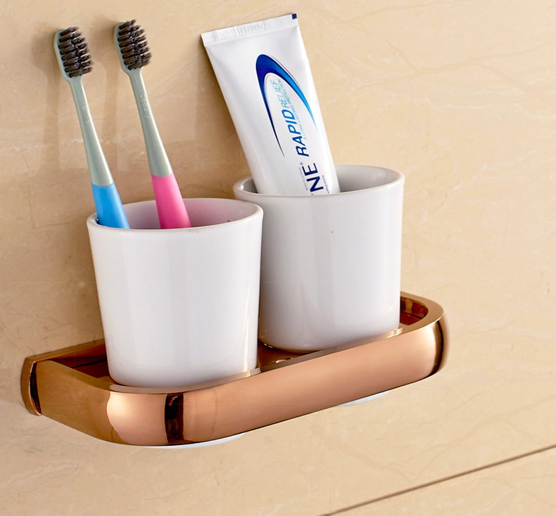 Luxury Rose Gold Brass Square Bathroom Accessories Set Bath Hardware Towel Bar Soap Dish Toilet Paper Holder Robe Hook mm022: Toothbrush Holder