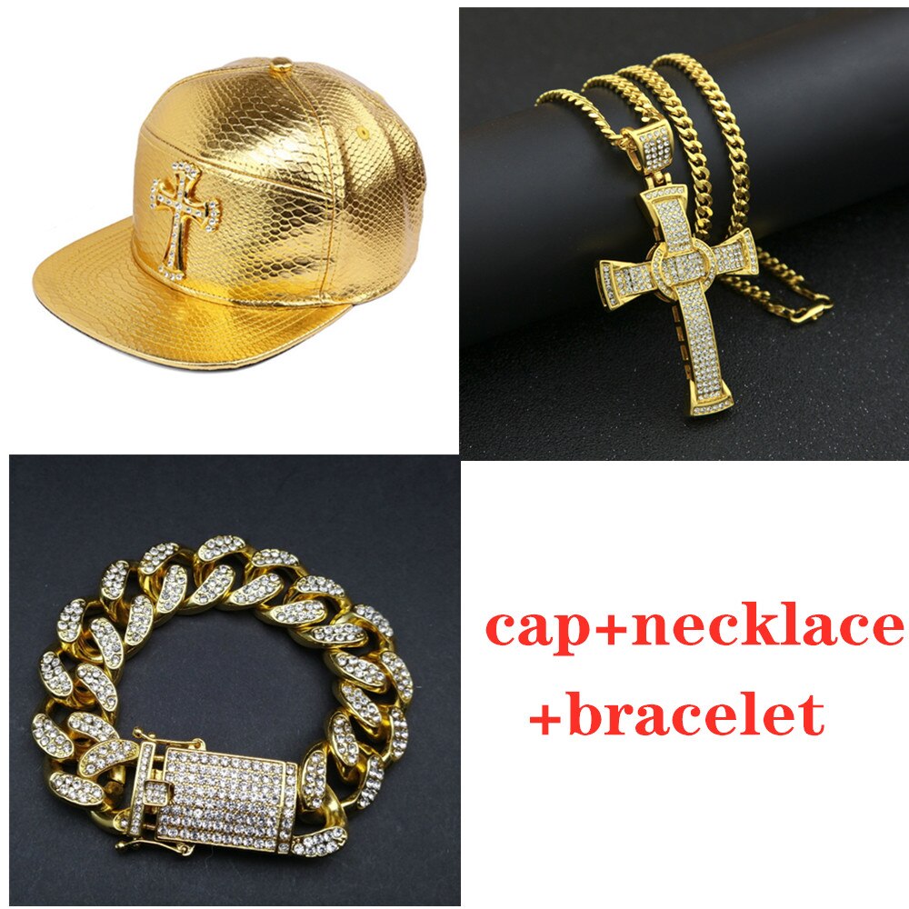 Mænd hip hop cap gyldne cross cap hat + halskæde + armbånd sæt smykker diamant is ud cubanske chian smykker sæt: Guld