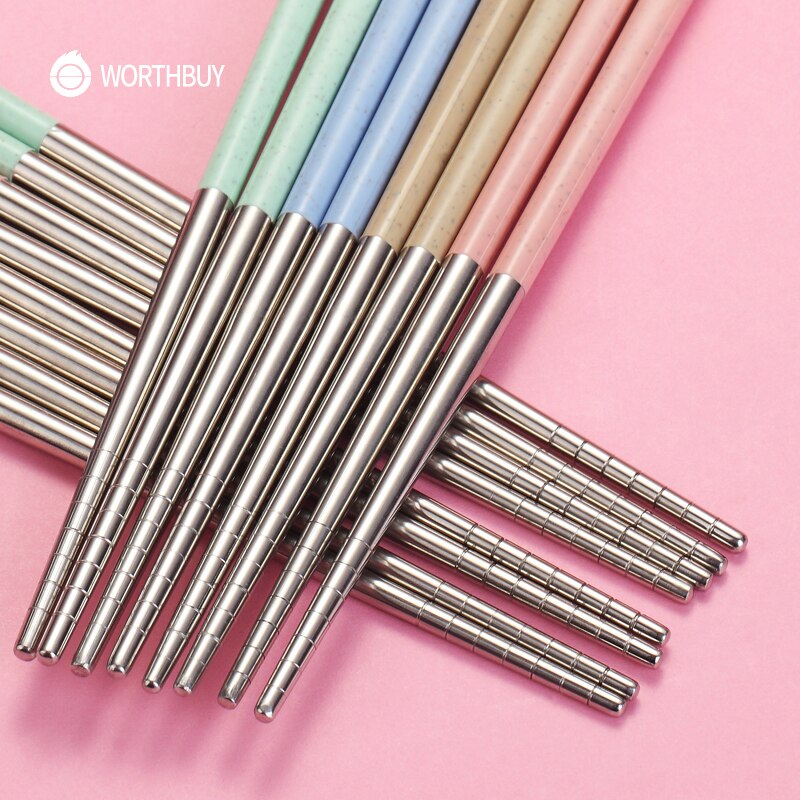 WORTHBUY Chinese Chopsticks Portable Travel Chopsticks 304 Stainless Steel Chop Sticks Wheat Straw Handle Food Stick Sushi Hashi