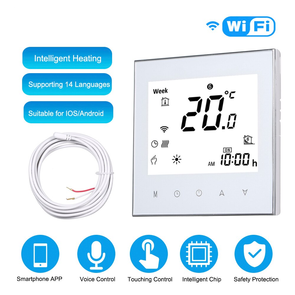 Digital thermostat AC 95-240V with WiFi voice control LCD touch screen for all electric heating systems floor heating thermostat: white with wiFi