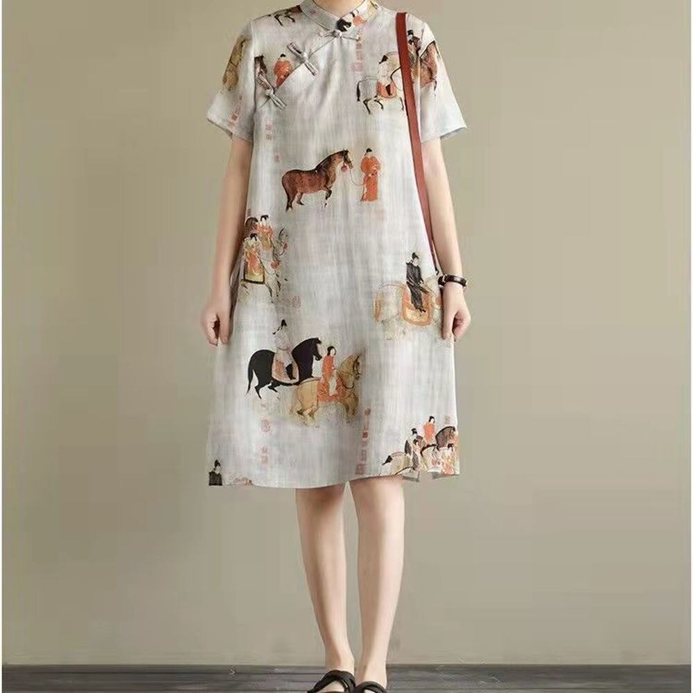 2022 Loose Chinese Dress Sleeveless Chinese Women Cheongsam Dress Linen Qipao Chinese Traditional Dress Long Dress Qipao: short sleeve / M