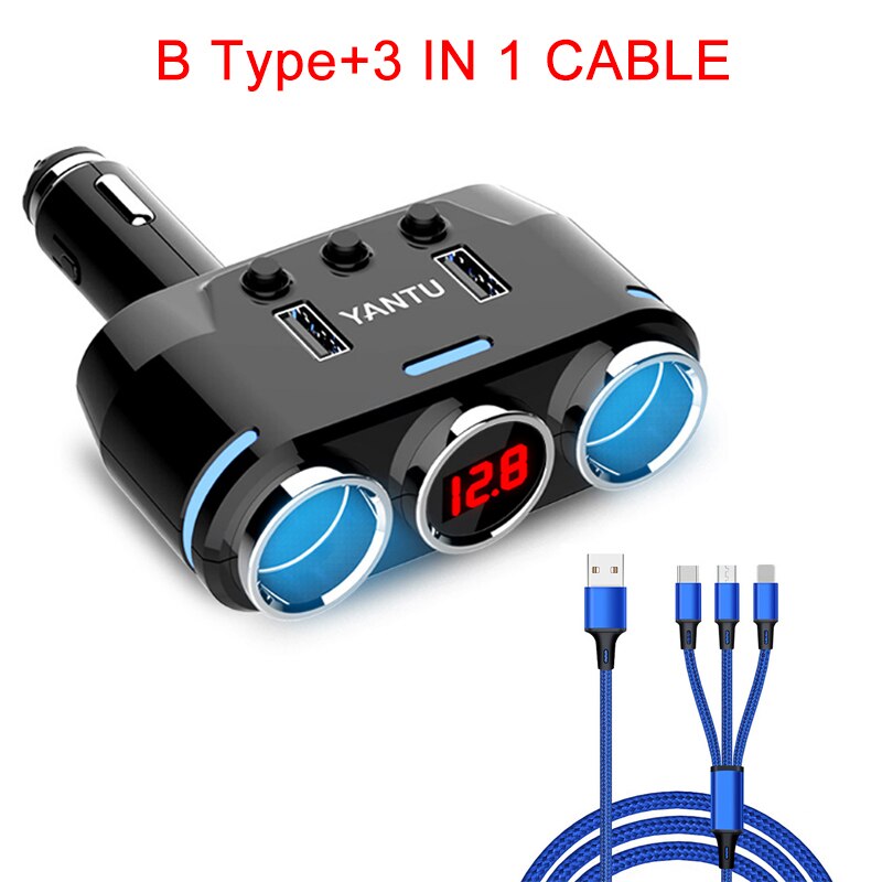 Podwójny Port USB 3 sposób gniazdo zapalniczki samochodowej rozgałęźnik ładowania przejściówka adapter DC 5V 1A + 2.1A gniazdo zapalniczki czarny dla: B rodzaj z kabel