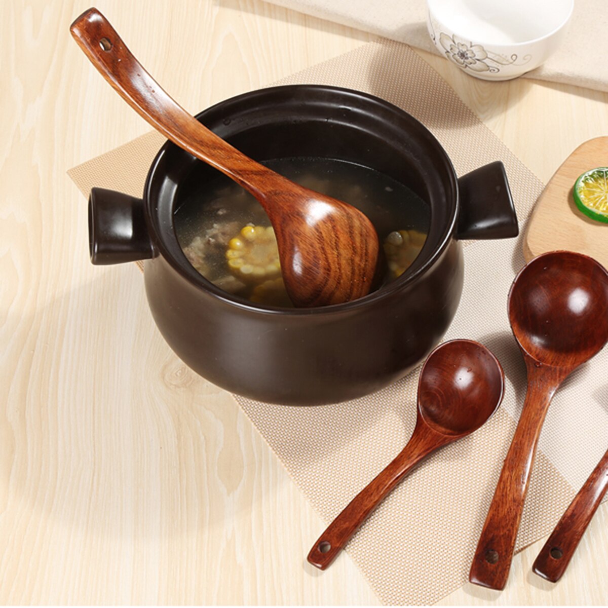 Healthy Wooden Long Handle Soup Ladle Cooking Spoons Kitchen Utensils 28cm