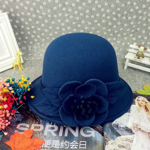 Herbst Winter Wolle Boater Flache Top Hut Für Frauen Filz Breiter Krempe Fedora Hut Jazz Kappe Klassischen Bowler Gambler top Hut: Navy peony flowers