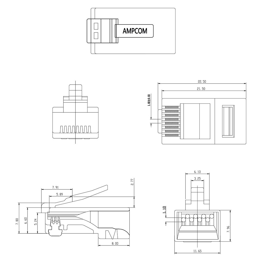 Ampcom kat 6 rj45 modulært stik utp 50u guldbelagte 8 p 8c crimp ende til ethernet-kabel, bulk-ethernet kabelstik