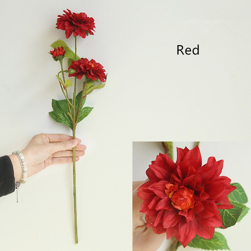 Dahlia kunstige blomsterproducent hjem juledekoration diy bryllup hånd blomst vej bly blomst væg materiale planter gren: Rød